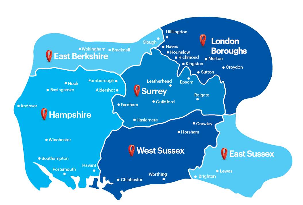 Map showing Rayer's Amusements service area across Surrey, Hampshire and London Boroughs